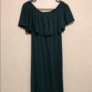 off the shoulders dark green maternity dress.